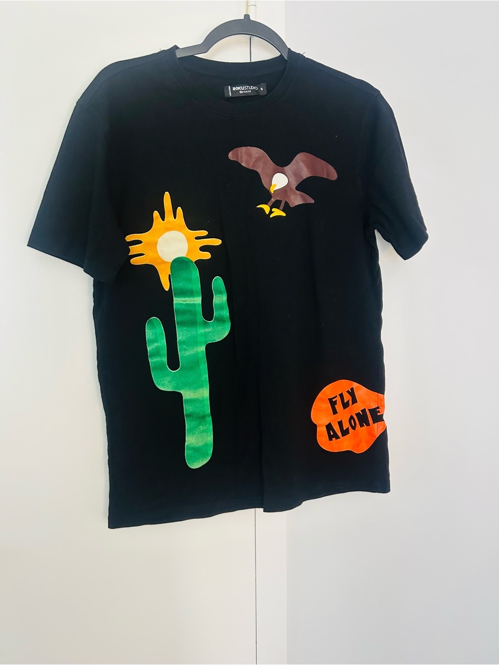 RokuStudio Black Tee with Green Cactus, Orange Sun & Brown Bird Size S
